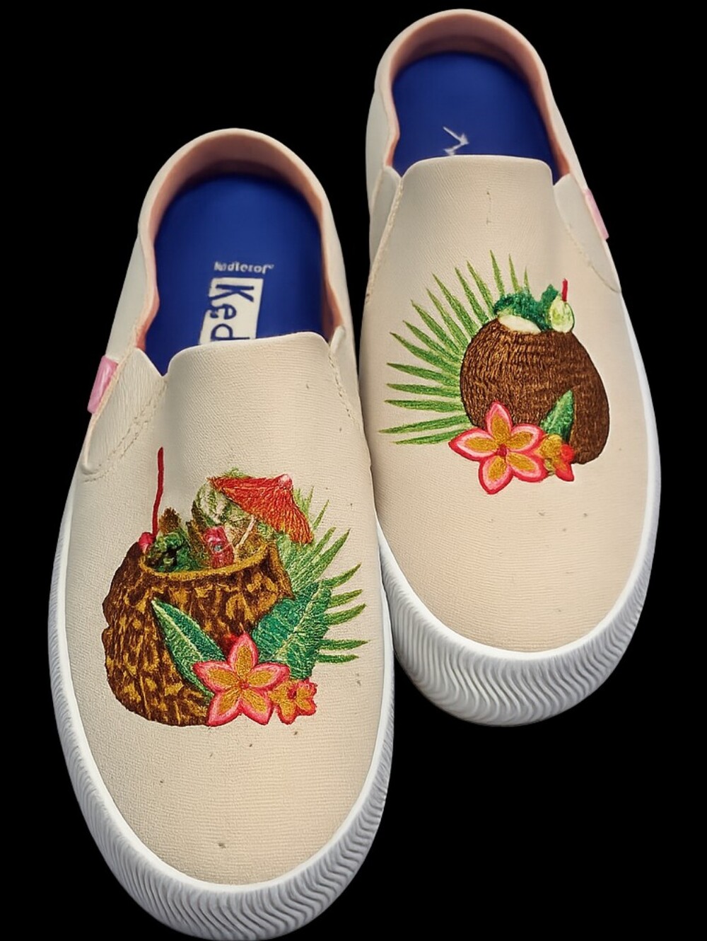 Keds Beige Slip-On Flats with Tropical Coconut Embroidery